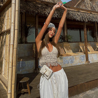 Boho Crochet Halter Top for Women Summer Beach Knit Crop Top with Tassels Backless Sleeveless Bralette